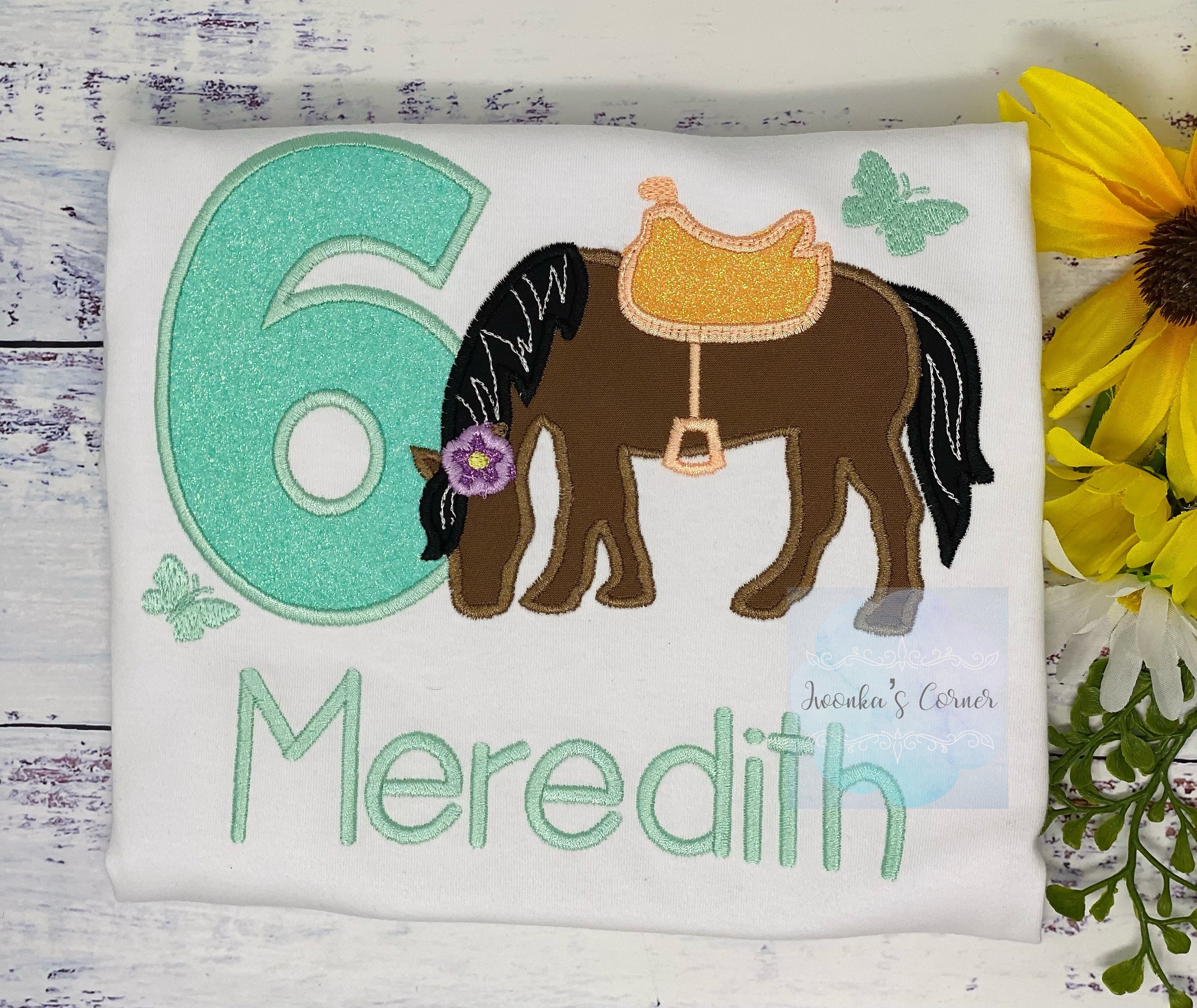 Girl 6th Birthday Shirt With Brown Bay Horse, Mint number, Birthday Shirt with Ponny and Saddle, Horse Embroidery Birthday Shirt