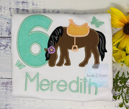 Girl 6th Birthday Shirt With Brown Bay Horse, Mint number, Birthday Shirt with Ponny and Saddle, Horse Embroidery Birthday Shirt