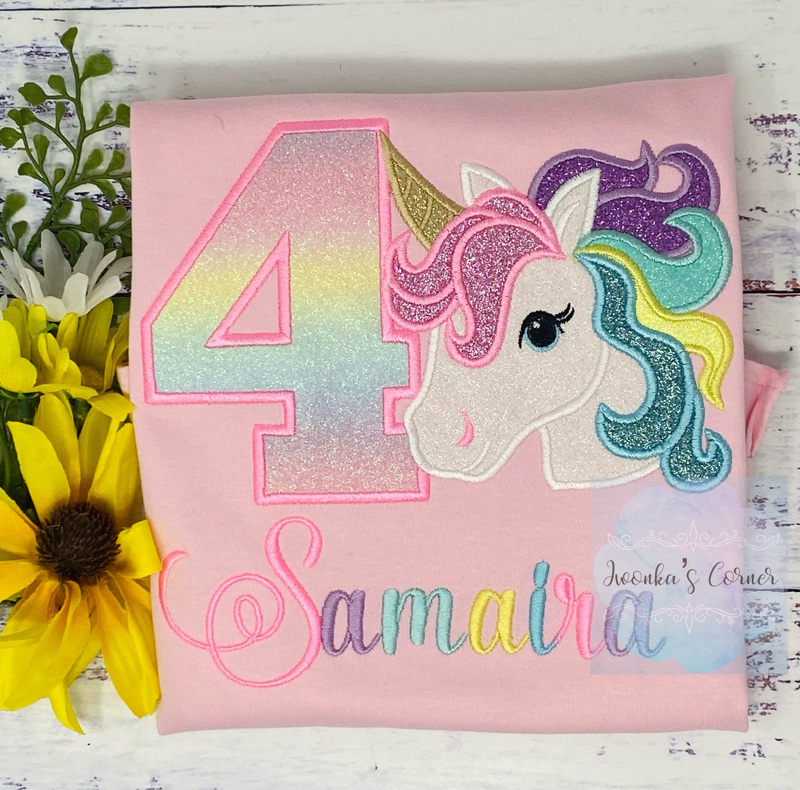 4th Birthday pink Unicorn Shirt, Girl Pastel Rainbow Unicorn Birthday Outfit, Rainbow Unicorn outfit, Unicorn embroidery, Script Font