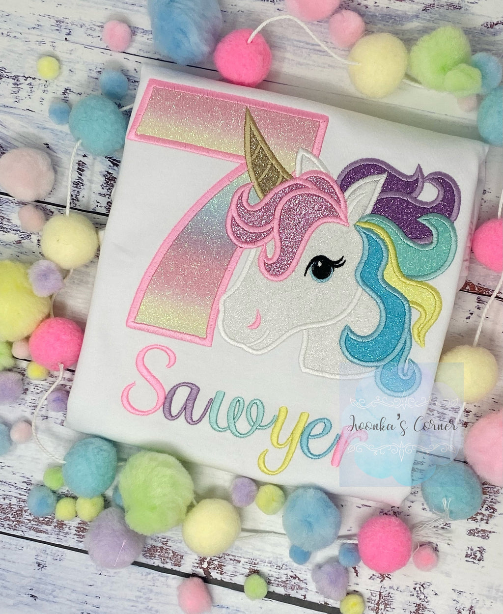 7th Birthday Unicorn Shirt, Girl Embroidery Pastel Rainbow Uni, Birthday Outfit, Rainbow Unicorn outfit, Unicorn embroidery, Script Font