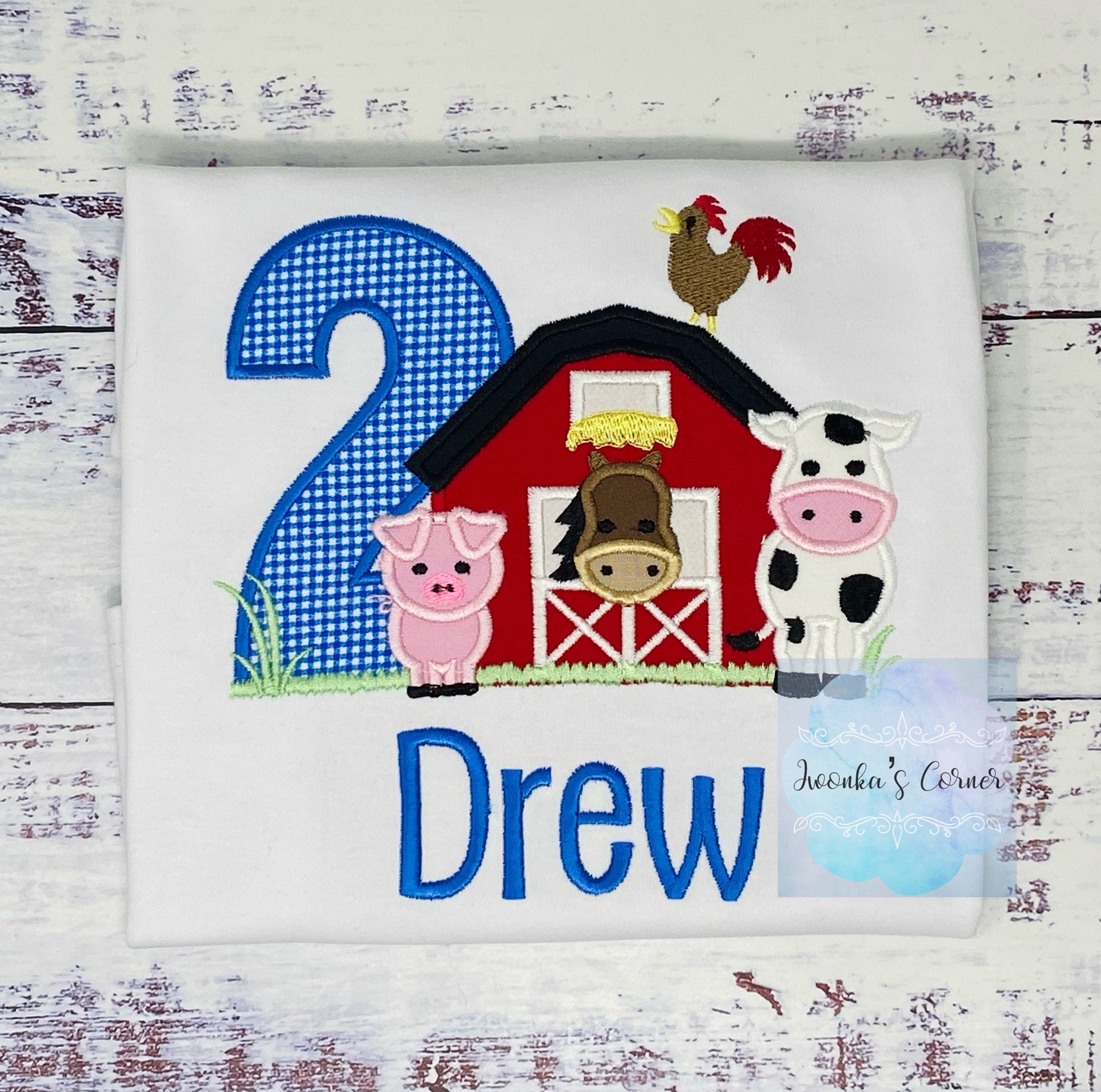Boys 2nd Barnyard Birthday Farm Shirt with farm animals, Barn embroidery, Personalized Barn animals shirt, Blue gingham, Any age