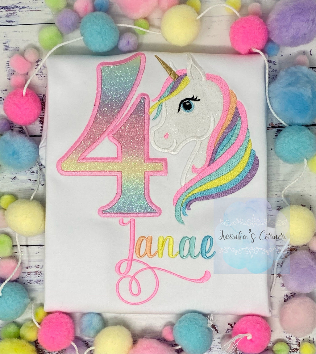 Girl 4th Birthday Pastel Unicorn & number Shirt, Girl Rainbow Pastel Unicorn Birthday, Rainbow Uni, Unicorn embroidery, Any age, Script Font