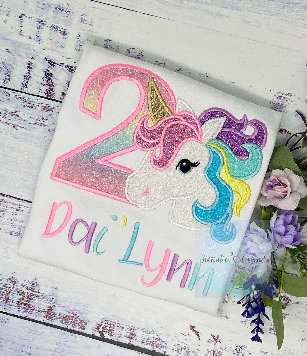 Girl Pastel Unicorn Birthday Outfit, 2nd Birthday Pastel Unicorn Tee, Unicorn Theme birthday, Colorful Uni Tee , Unicorn custom embroidery
