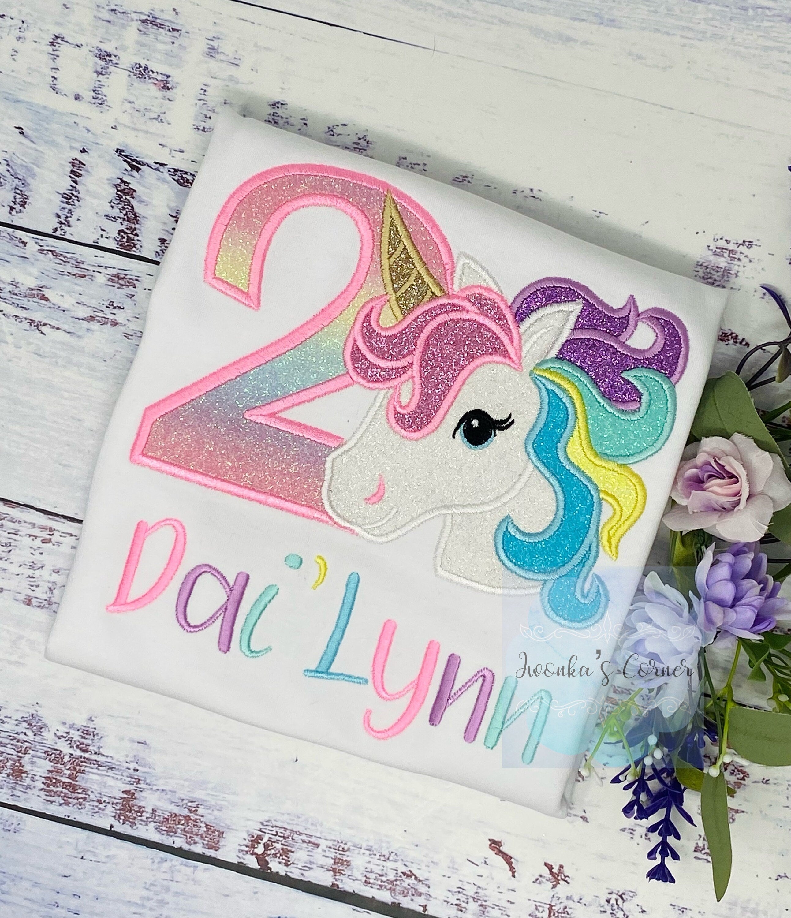 Girl Pastel Unicorn Birthday Outfit, 2nd Birthday Pastel Unicorn Tee, Unicorn Theme birthday, Colorful Uni Tee , Unicorn custom embroidery