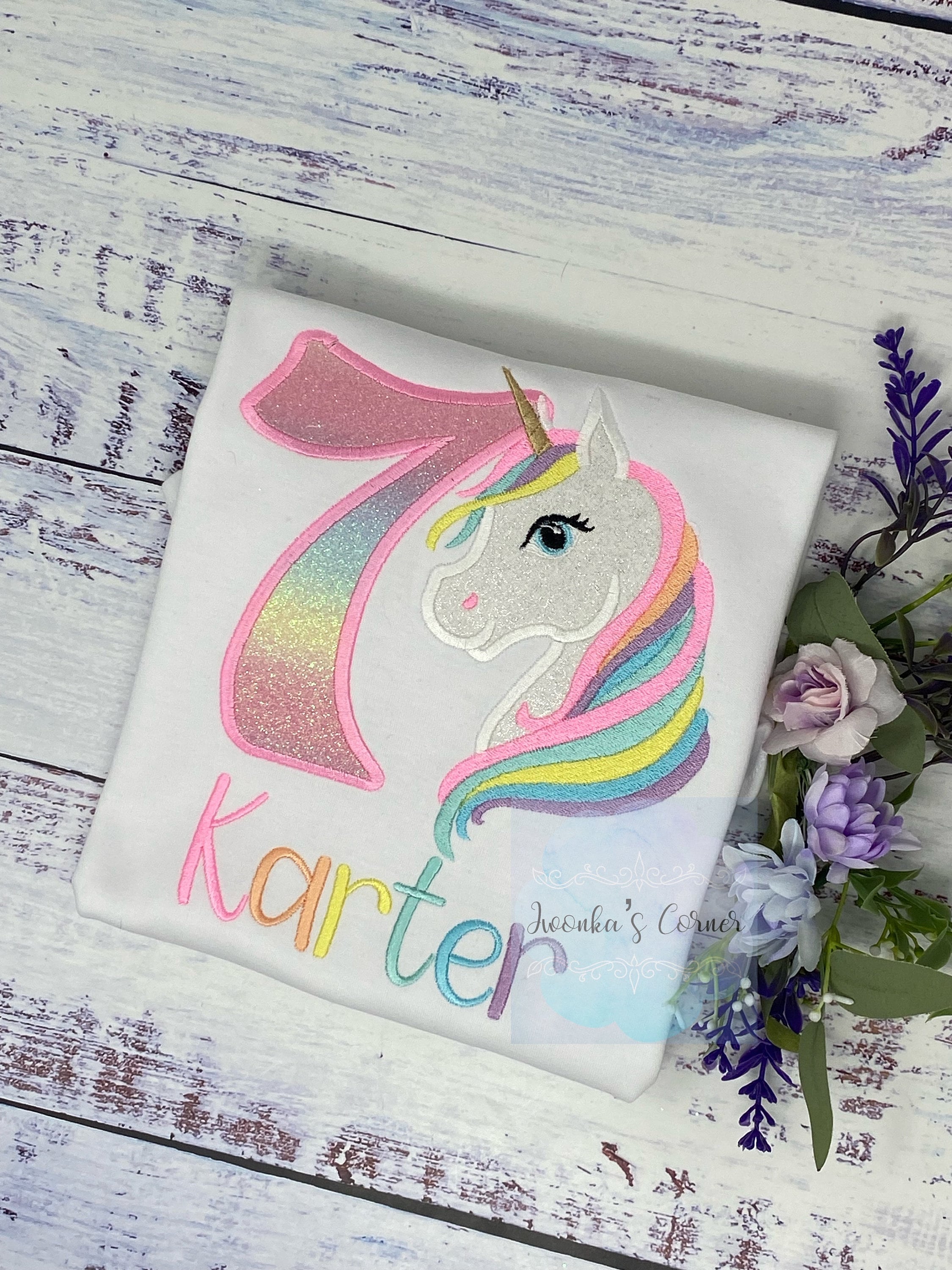 Girl Pastel Unicorn Birthday Outfit, 7th Birthday Pastel Unicorn Tee, Unicorn Theme birthday, Colorful Uni Tee , Unicorn custom embroidery