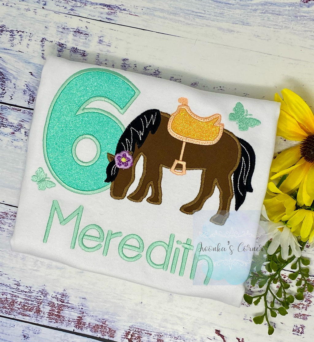 Girl 6th Birthday Shirt With Brown Bay Horse, Mint number, Birthday Shirt with Ponny and Saddle, Horse Embroidery Birthday Shirt