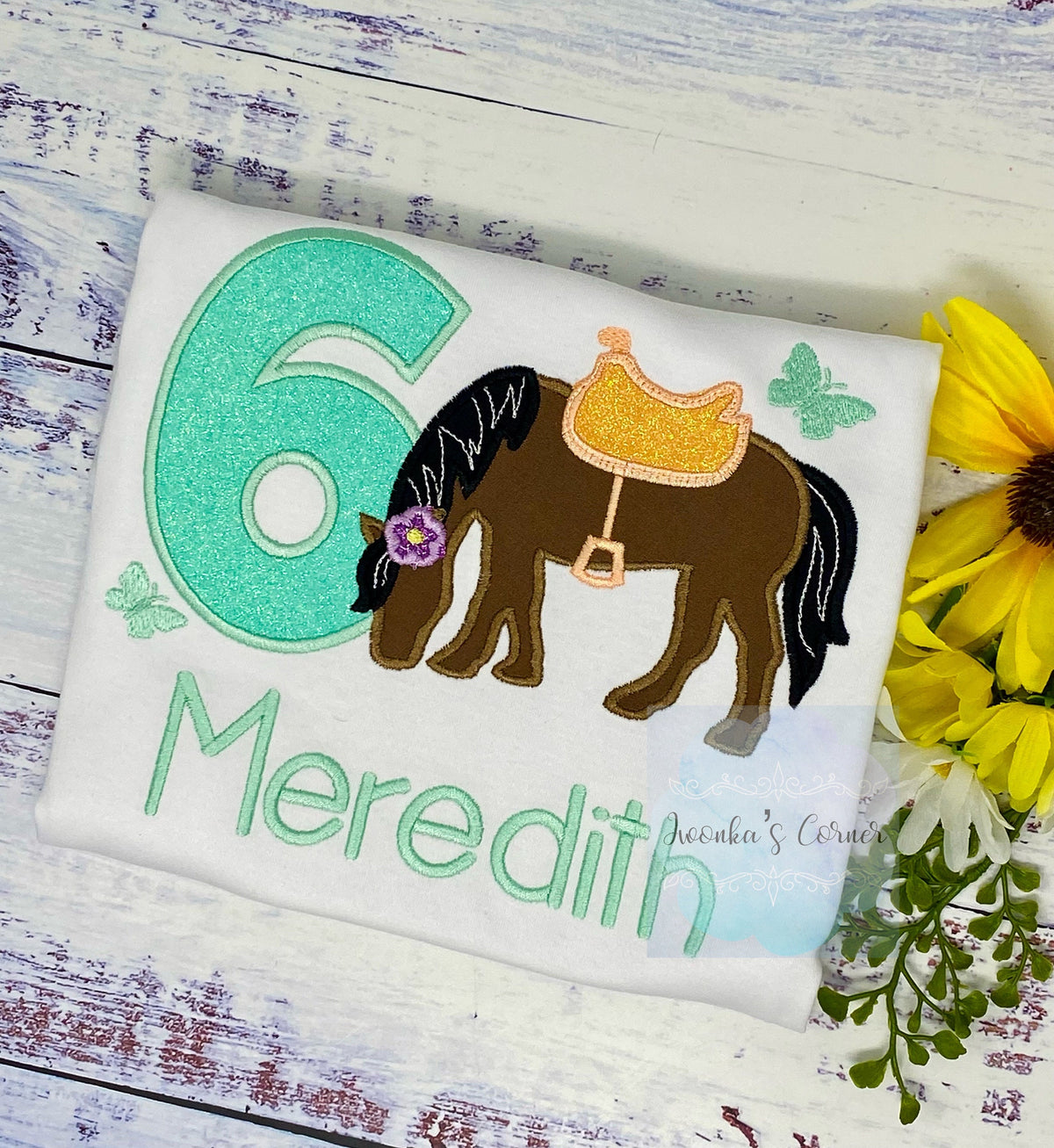 Girl 6th Birthday Shirt With Brown Bay Horse, Mint number, Birthday Shirt with Ponny and Saddle, Horse Embroidery Birthday Shirt