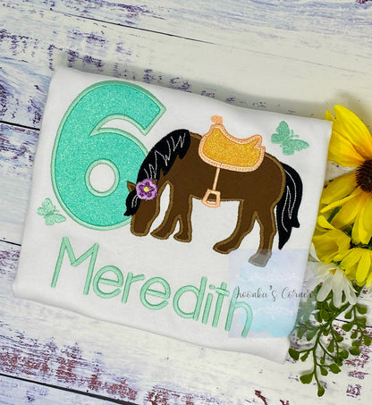 Girl 6th Birthday Shirt With Brown Bay Horse, Mint number, Birthday Shirt with Ponny and Saddle, Horse Embroidery Birthday Shirt