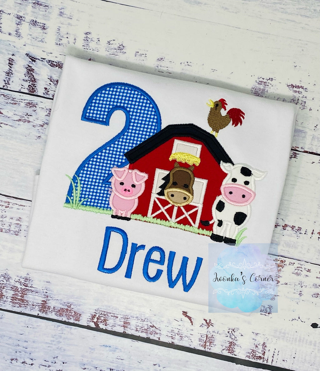 Boys 2nd Barnyard Birthday Farm Shirt with farm animals, Barn embroidery, Personalized Barn animals shirt, Blue gingham, Any age