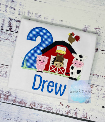 Boys 2nd Barnyard Birthday Farm Shirt with farm animals, Barn embroidery, Personalized Barn animals shirt, Blue gingham, Any age
