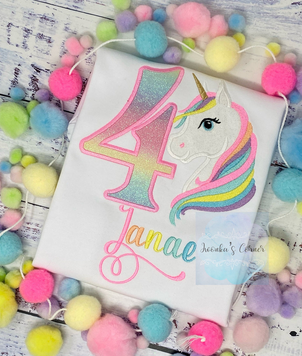 Girl 4th Birthday Pastel Unicorn & number Shirt, Girl Rainbow Pastel Unicorn Birthday, Rainbow Uni, Unicorn embroidery, Any age, Script Font