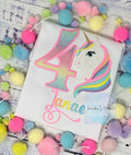 Girl 4th Birthday Pastel Unicorn & number Shirt, Girl Rainbow Pastel Unicorn Birthday, Rainbow Uni, Unicorn embroidery, Any age, Script Font