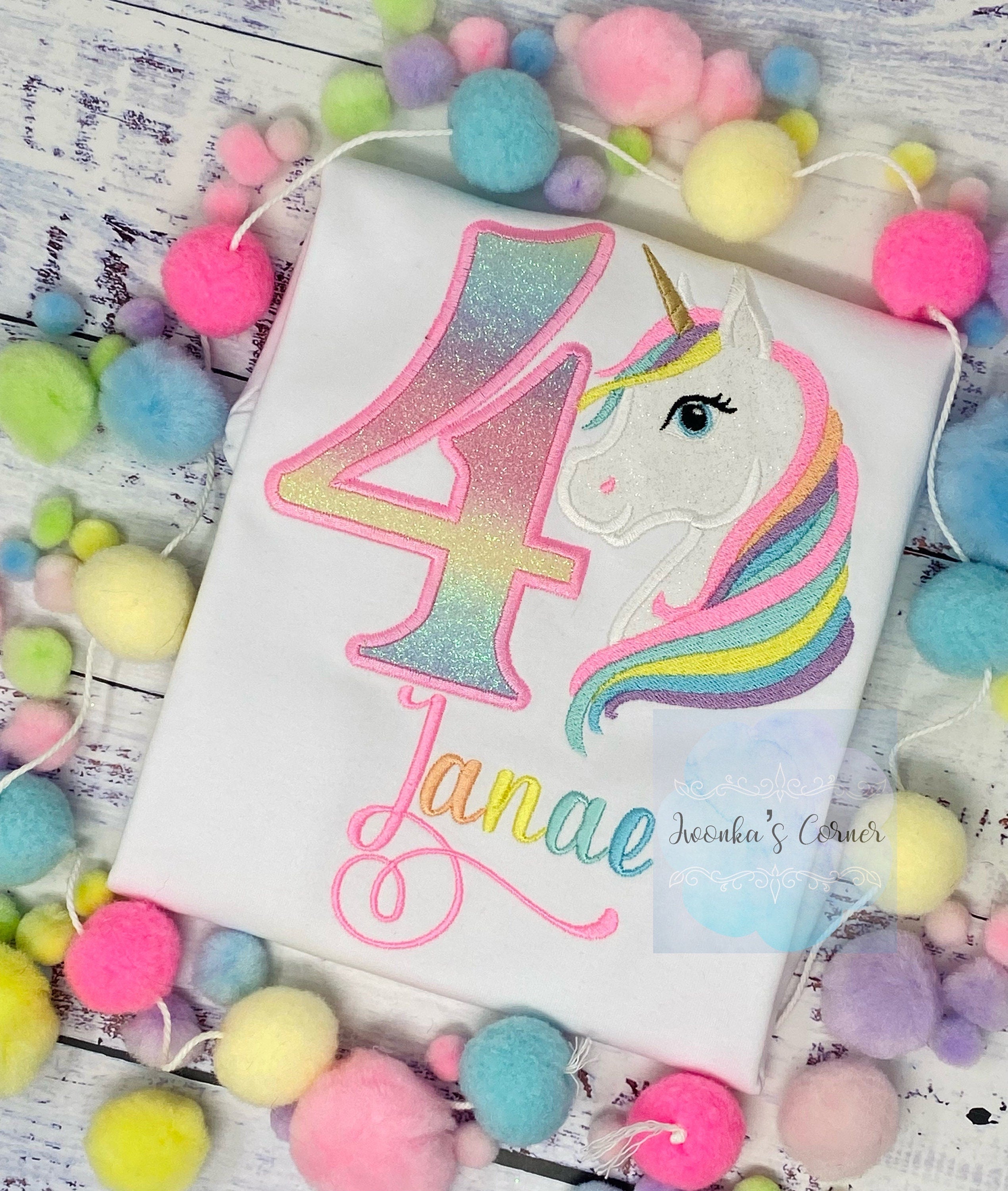 Girl 4th Birthday Pastel Unicorn & number Shirt, Girl Rainbow Pastel Unicorn Birthday, Rainbow Uni, Unicorn embroidery, Any age, Script Font