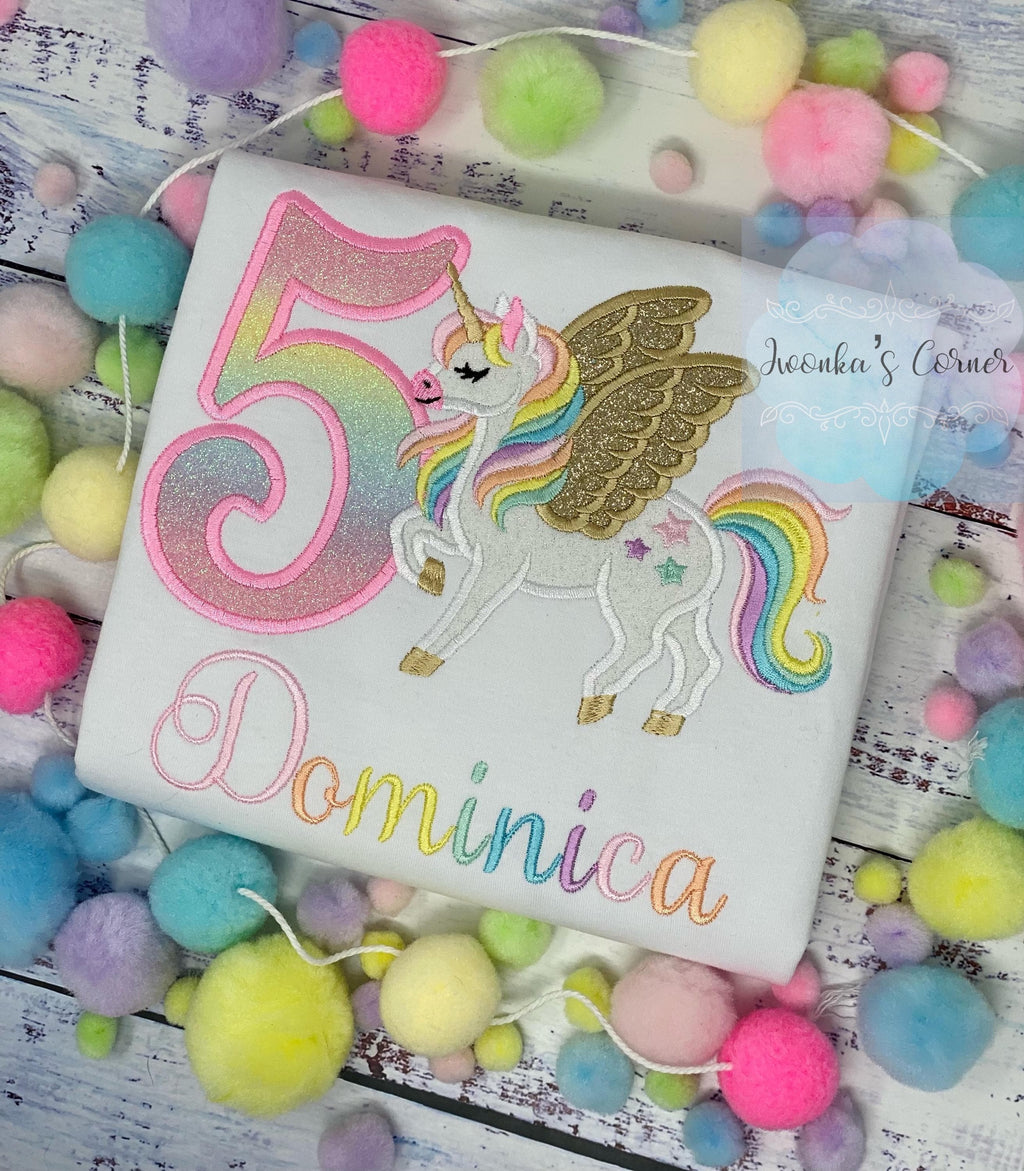 Girl 5th Birthday Pastel Unicorn with Wings, Girl Rainbow Unicorn Birthday, Rainbow Gold wings Uni tee, Unicorn embroidery, Any age
