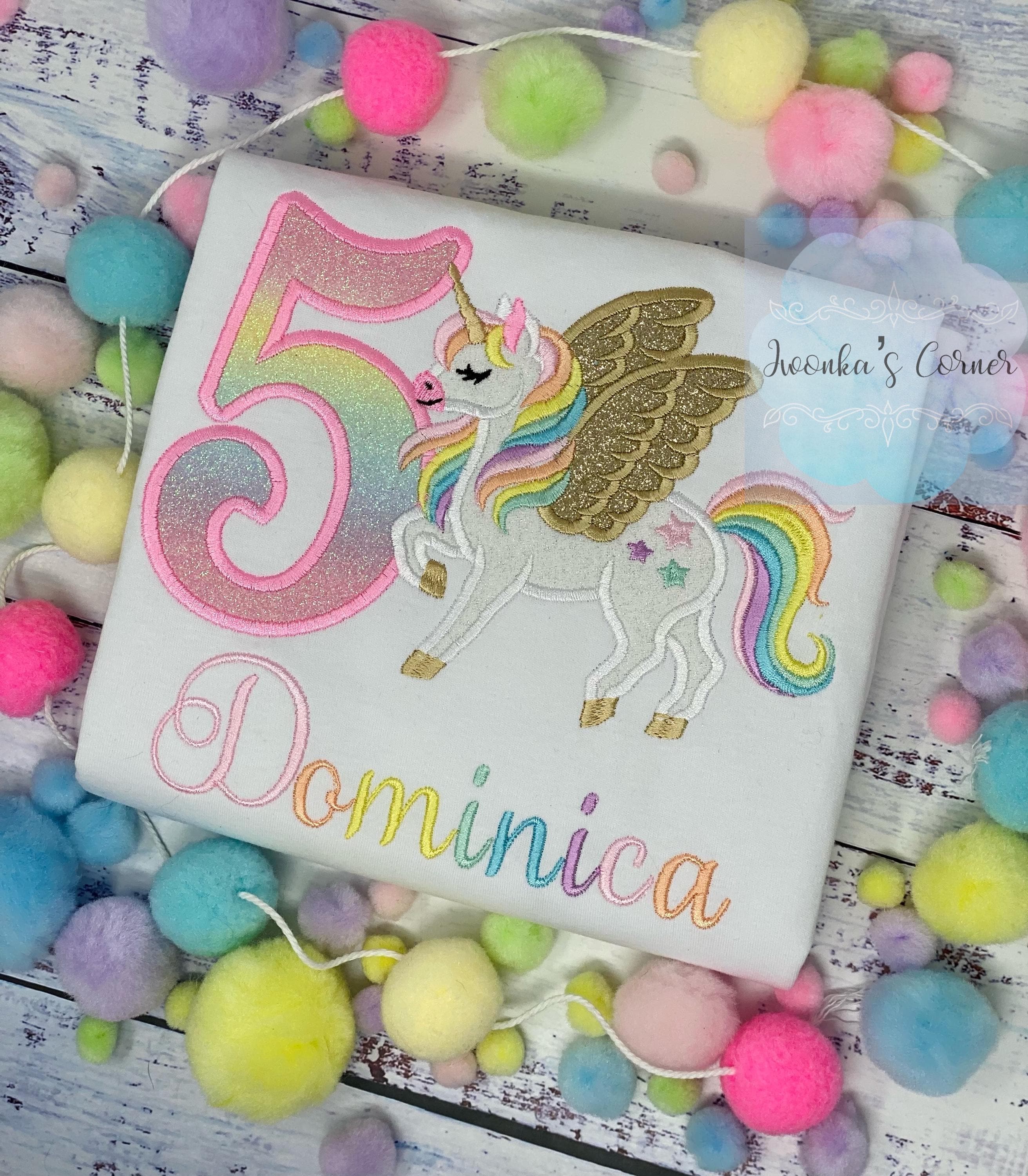 Girl 5th Birthday Pastel Unicorn with Wings, Girl Rainbow Unicorn Birthday, Rainbow Gold wings Uni tee, Unicorn embroidery, Any age