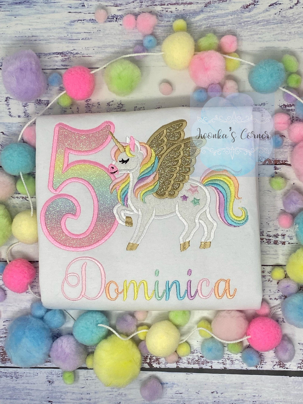 Girl 4th Birthday Pastel Unicorn with Wings, Girl Rainbow Unicorn Birthday, Rainbow Gold wings Uni tee, Pegasus, Any Agee.