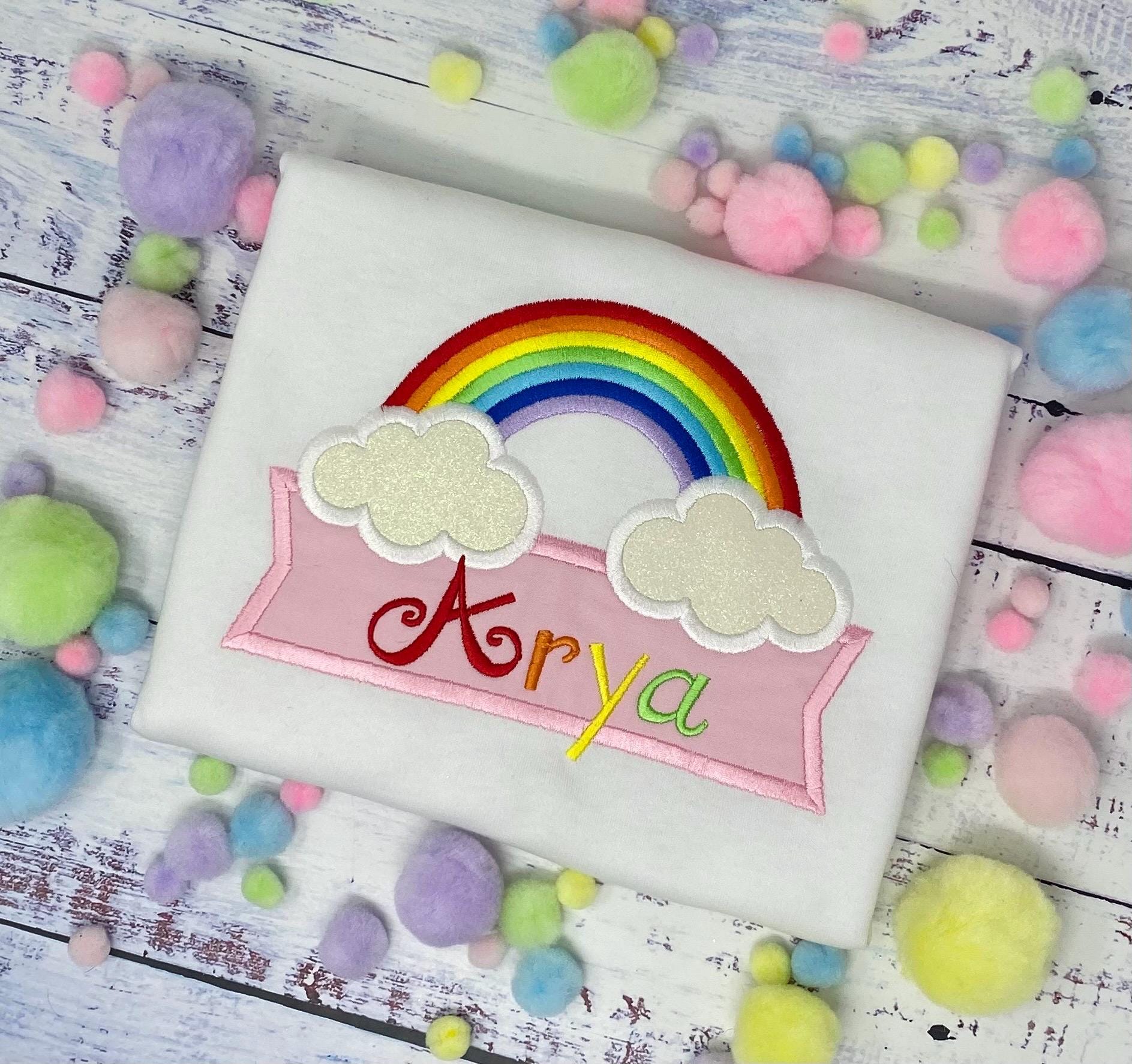 Girl Personalized Traditional Rainbow Tee, Casual Rainbow Shirt, Shirt with banner and name, Custom rainbow applique