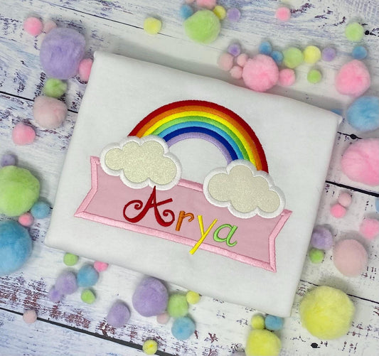 Girl Personalized Traditional Rainbow Tee, Casual Rainbow Shirt, Shirt with banner and name, Custom rainbow applique