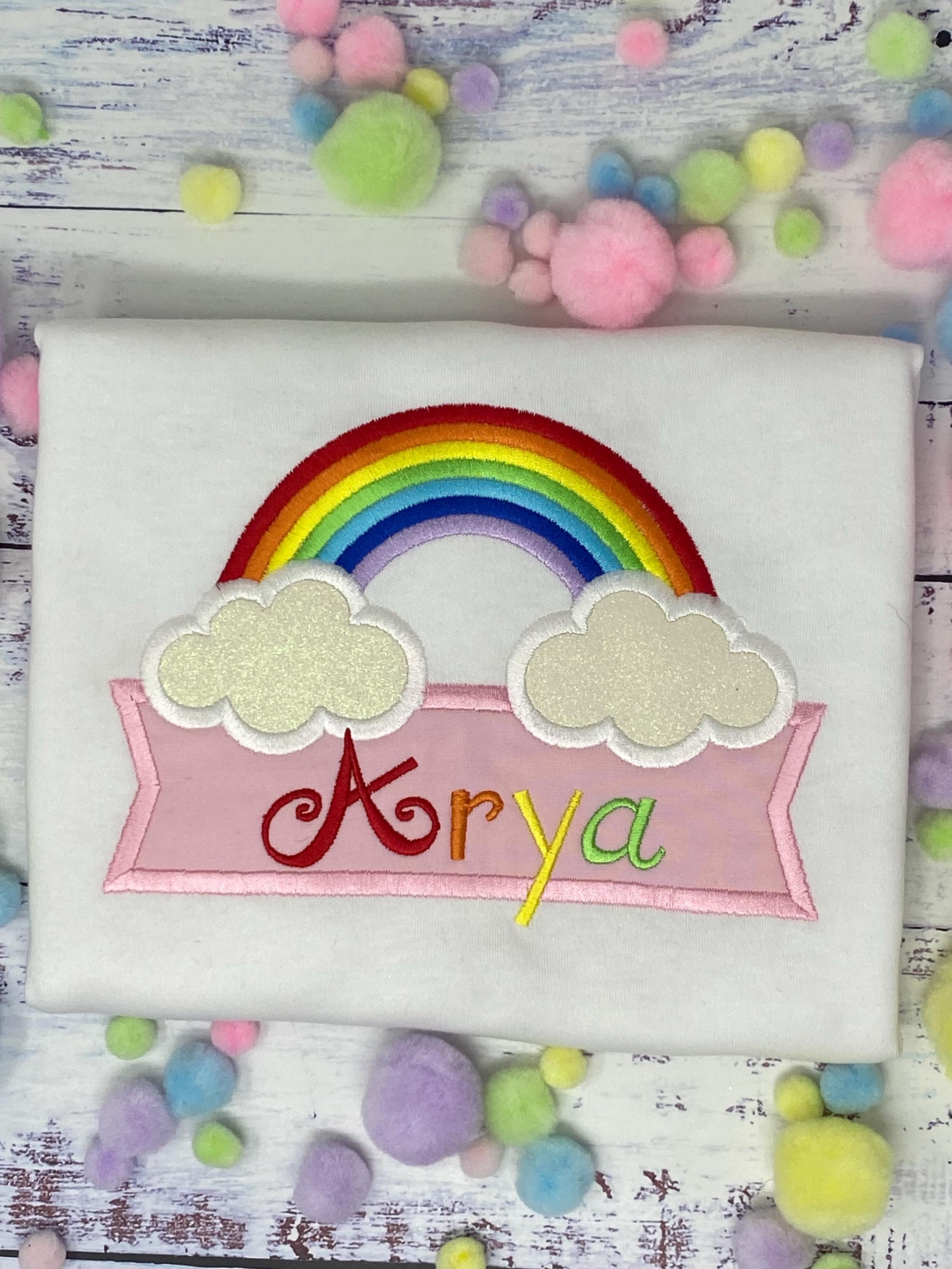Girl Personalized Traditional Rainbow Tee, Casual Rainbow Shirt, Shirt with banner and name, Custom rainbow applique