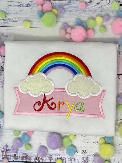 Girl Personalized Traditional Rainbow Tee, Casual Rainbow Shirt, Shirt with banner and name, Custom rainbow applique