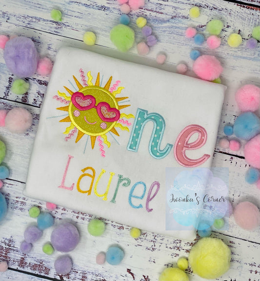 Girl Personalized 1st birthday Tee, First Birthday Sunshine Shirt, Shirt with Yellow Sun and name, Custom birthday Applique tee