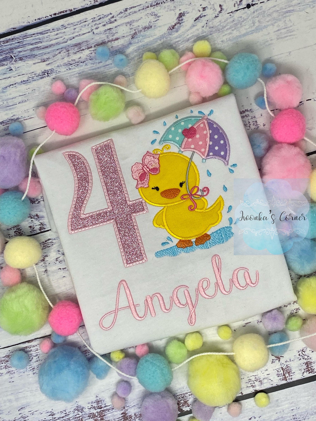Girl Personalized Yellow Duckling Tee, Casual Duck in the rain Shirt, Shirt with Pink Number and name, Custom birthday Applique tee