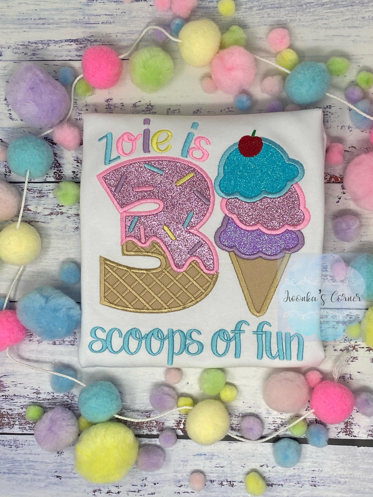 Girl Ice Cream 3 “Scoop of fun” birthday shirt, Sweet Ice Cream with cherry on top cone Theme Party, Pastel sweet birthday tee
