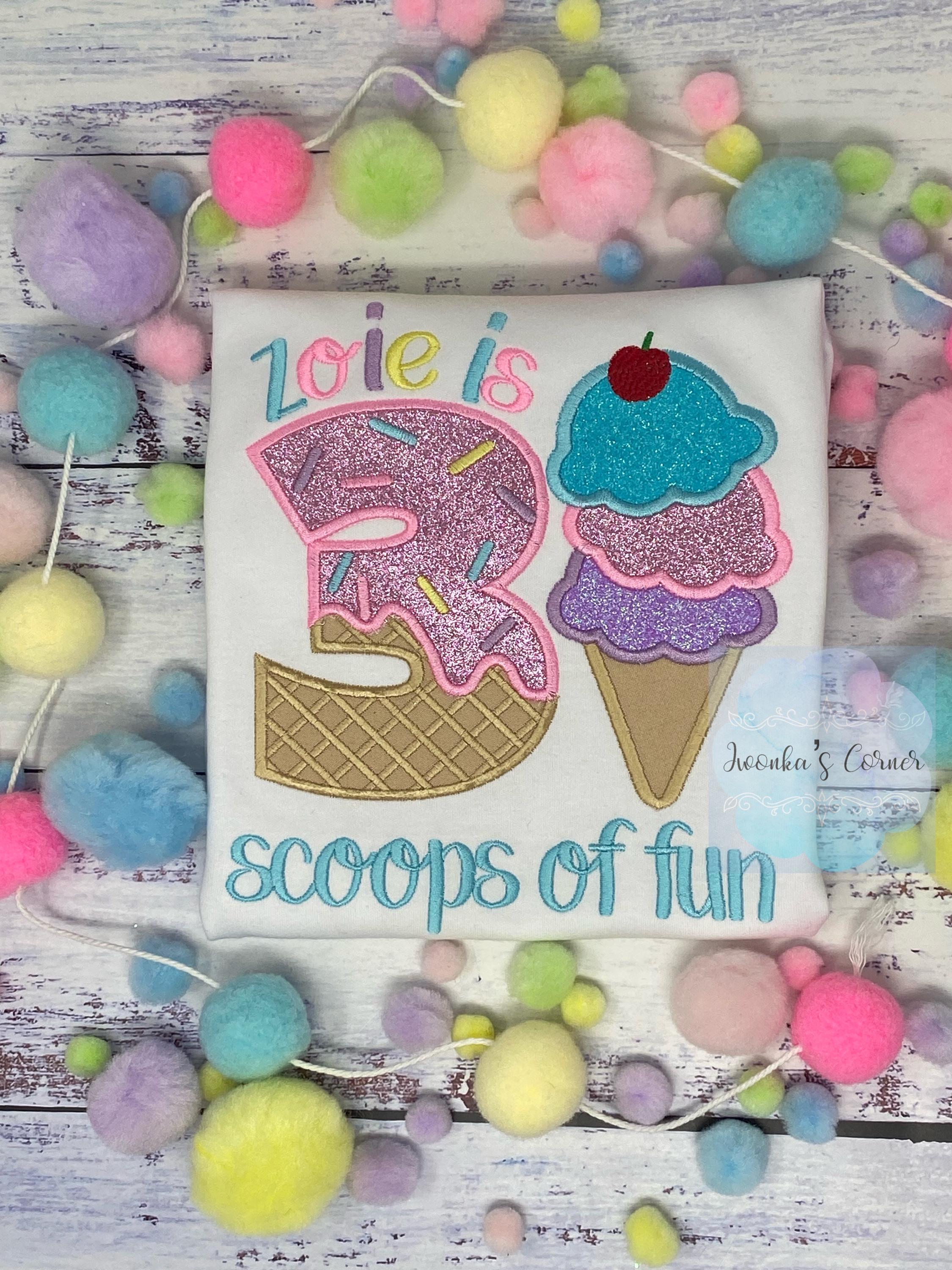 Girl Ice Cream 3 “Scoop of fun” birthday shirt, Sweet Ice Cream with cherry on top cone Theme Party, Pastel sweet birthday tee