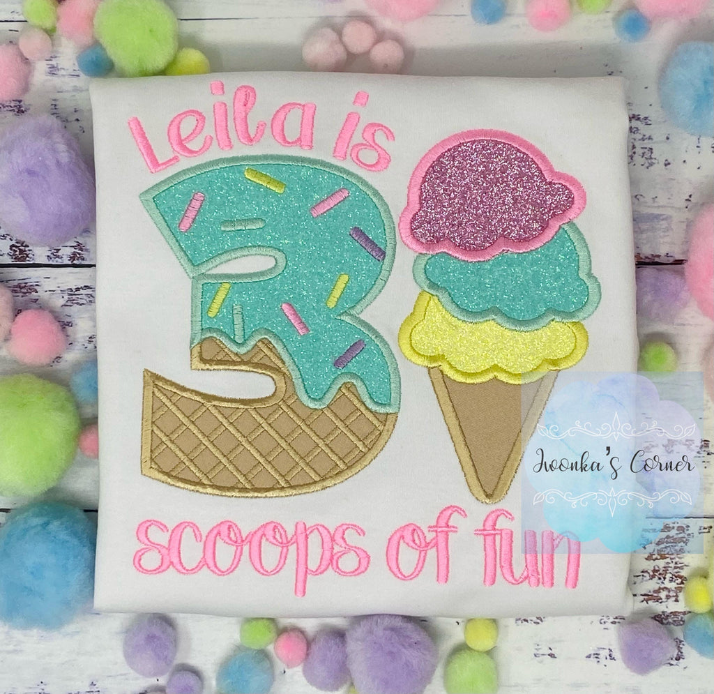 Girl Ice Cream 3 “Scoop of fun” birthday shirt, Sweet Ice Cream cone Theme Party, Pastel sweet birthday tee
