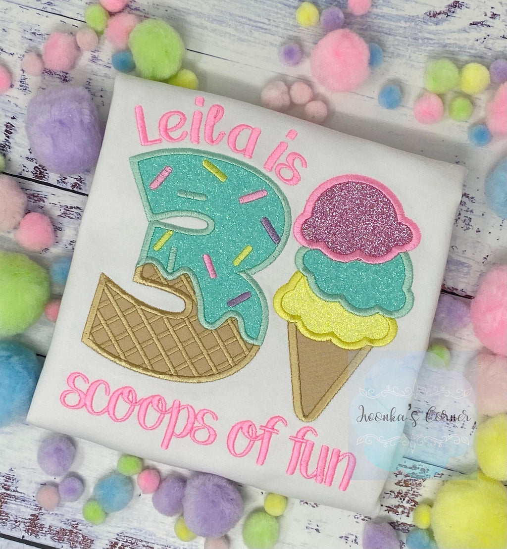 Girl Ice Cream 3 “Scoop of fun” birthday shirt, Sweet Ice Cream cone Theme Party, Pastel sweet birthday tee