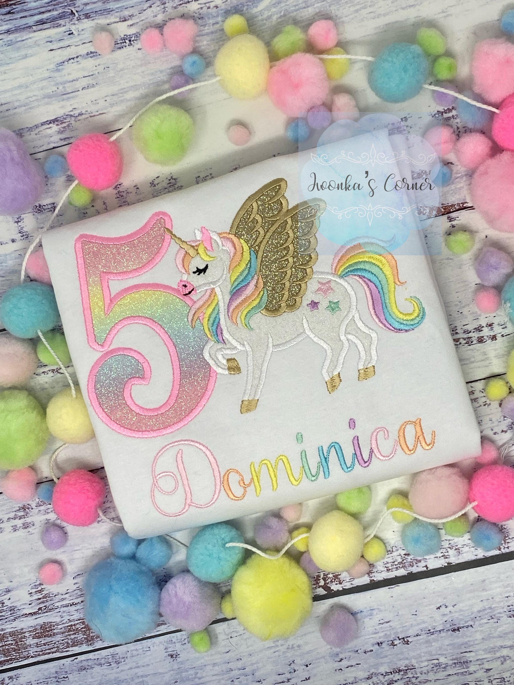 Girl 4th Birthday Pastel Unicorn with Wings, Girl Rainbow Unicorn Birthday, Rainbow Gold wings Uni tee, Pegasus, Any Agee.