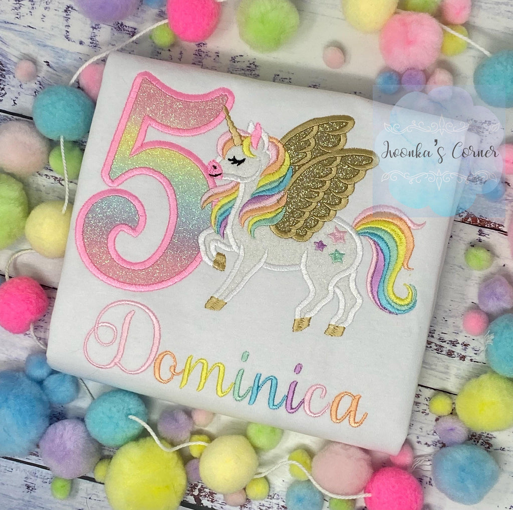 Girl 5th Birthday Pastel Unicorn with Wings, Girl Rainbow Unicorn Birthday, Rainbow Gold wings Uni tee, Unicorn embroidery, Any age