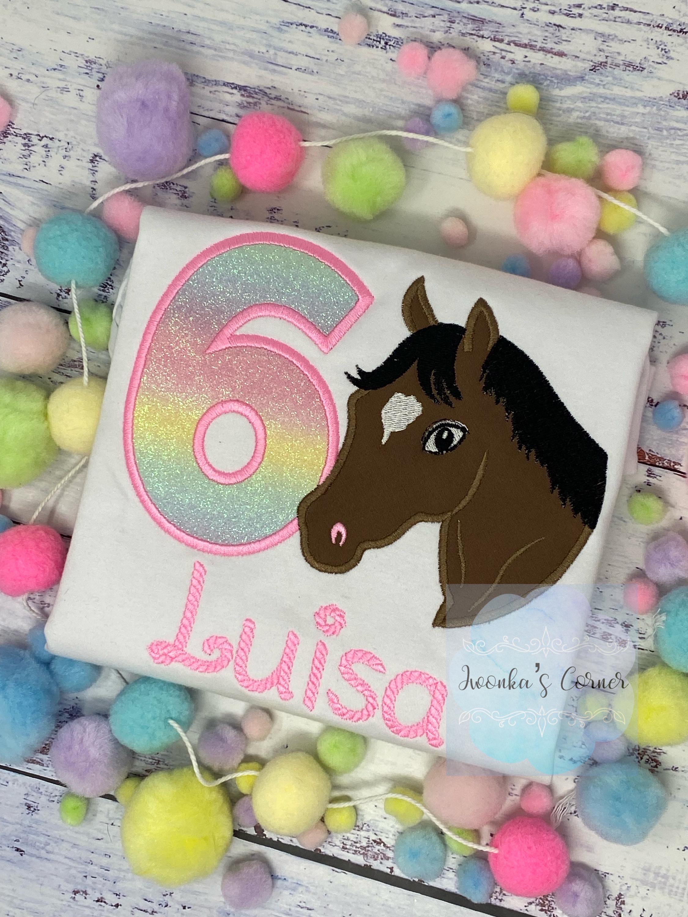 Girl 6th Birthday Shirt With Bay Brown Horse, Birthday Tee with quarter horse, Horse Embroidery Shirt, Custom Horse Face markings,