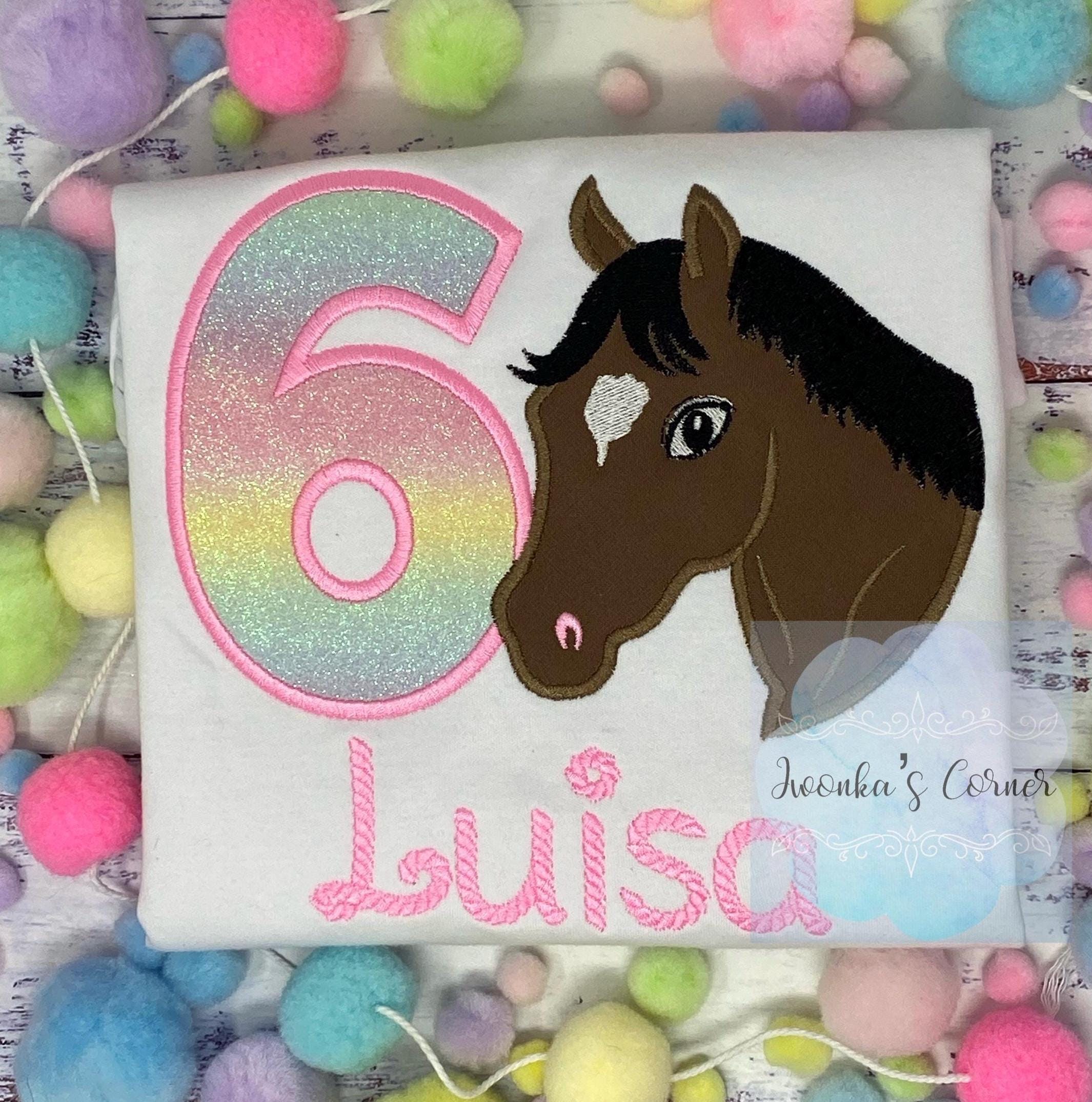 Girl 6th Birthday Shirt With Bay Brown Horse, Birthday Tee with quarter horse, Horse Embroidery Shirt, Custom Horse Face markings,