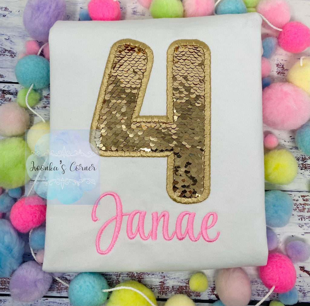 Girl 4th Golden Birthday, Glimmer gold Birthday Shirt, Gold Sequins Number, Girls 4th Birthday Shirt,