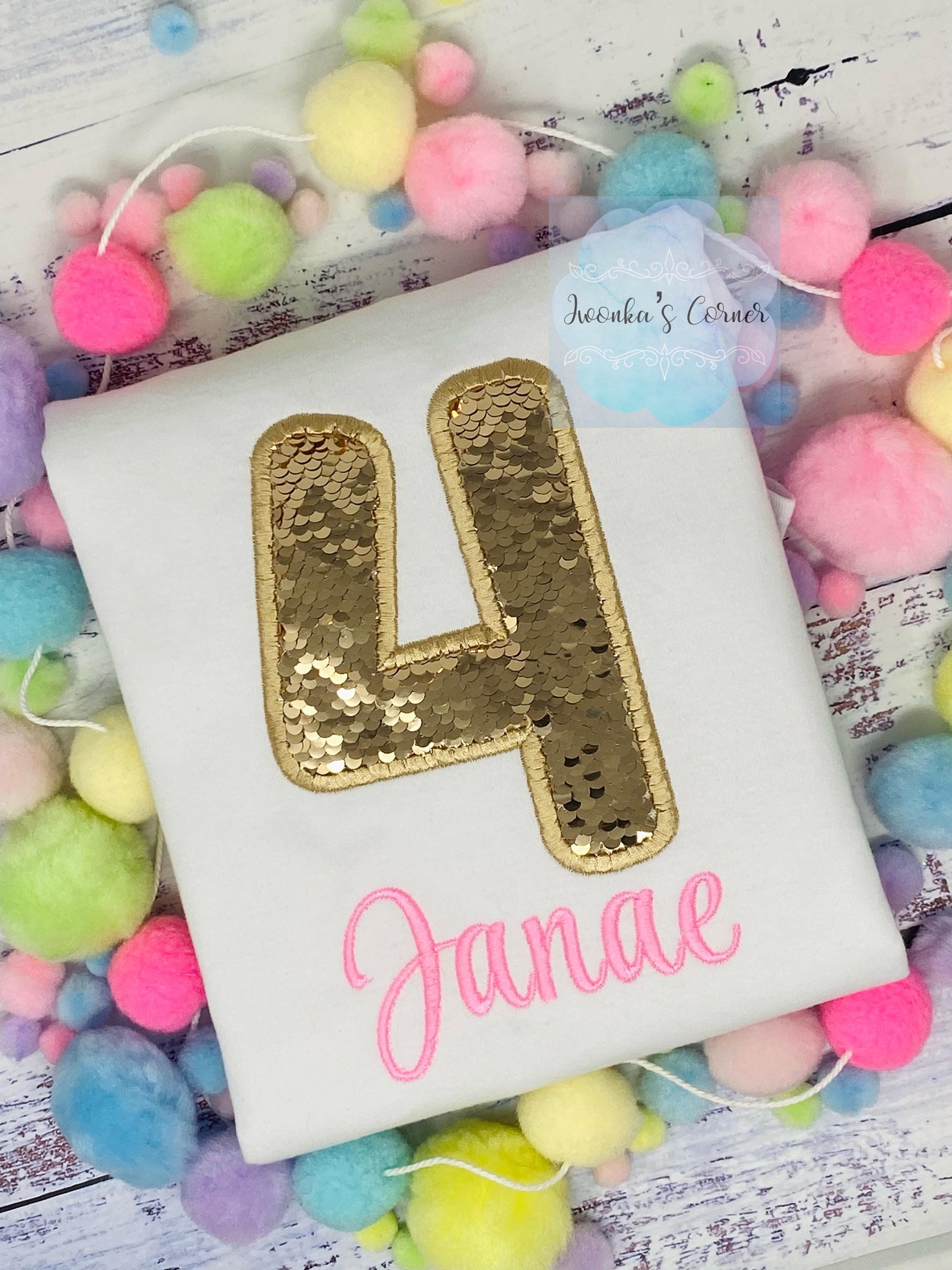 Girl 4th Golden Birthday, Glimmer gold Birthday Shirt, Gold Sequins Number, Girls 4th Birthday Shirt,