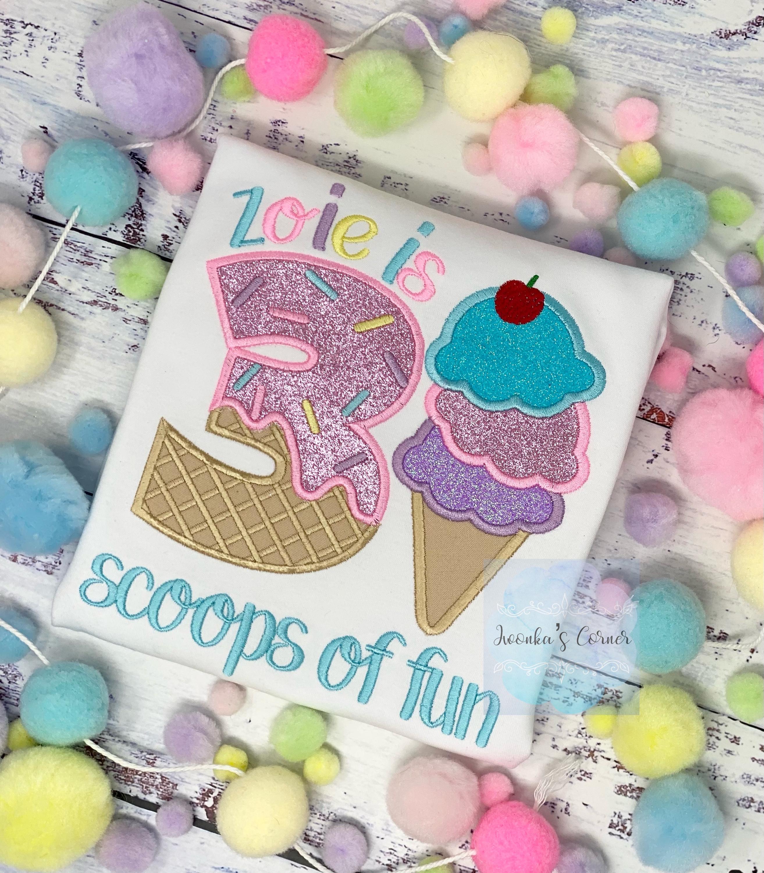 Girl Ice Cream 3 “Scoop of fun” birthday shirt, Sweet Ice Cream with cherry on top cone Theme Party, Pastel sweet birthday tee