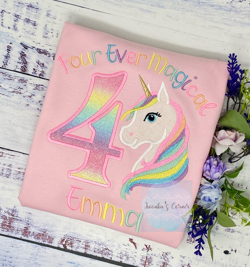 SHIPPING NEXT DAY, Girl 4th Birthday Pastel Unicorn and number Shirt, Girl Rainbow Pastel Unicorn Birthday, Rainbow Uni, Unicorn embroidery