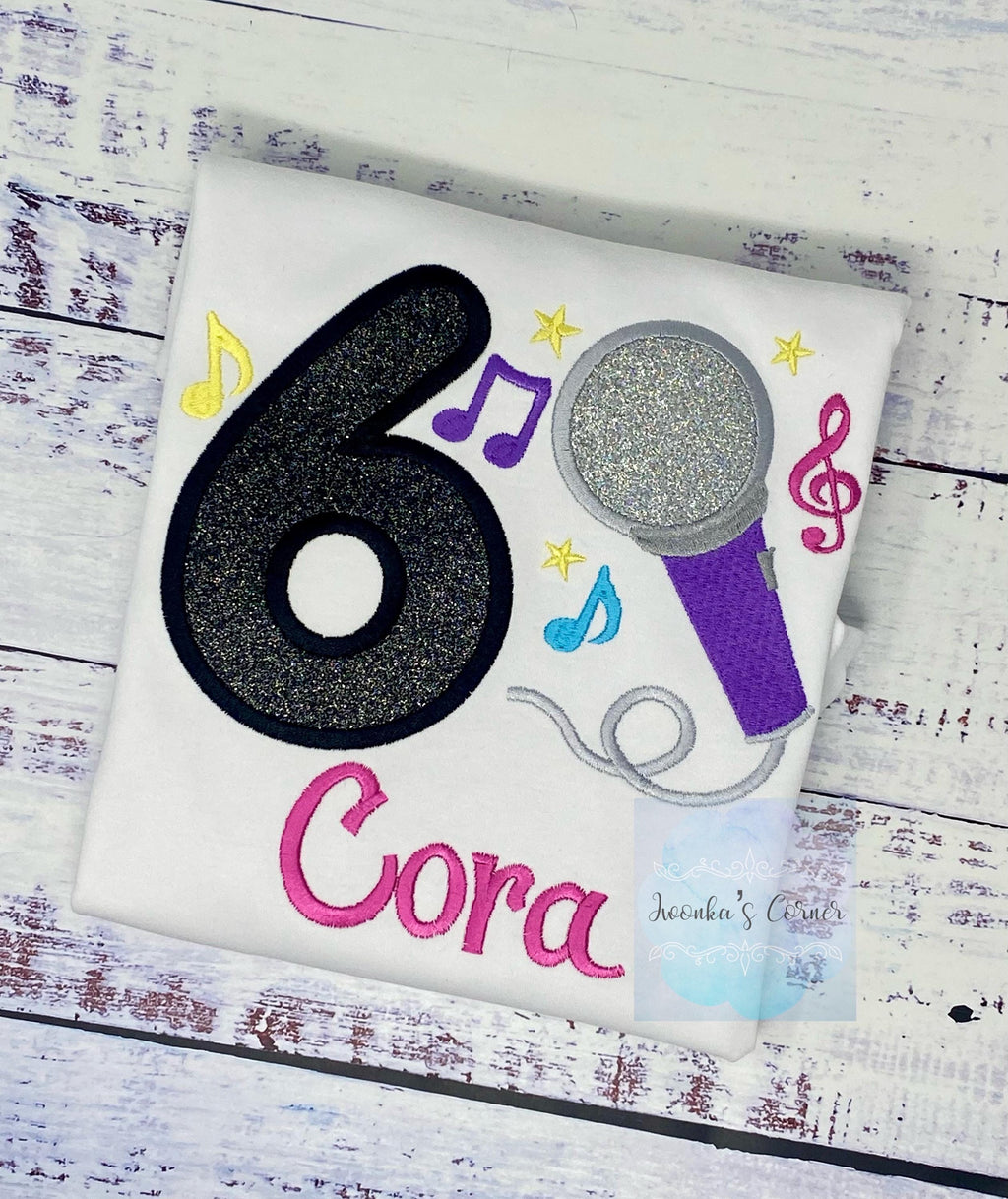 Girl 6th Birthday Microphone, Music notes and number Shirt, Girl Karaoke Singing Birthday Tee, Musical embroidery, Any age