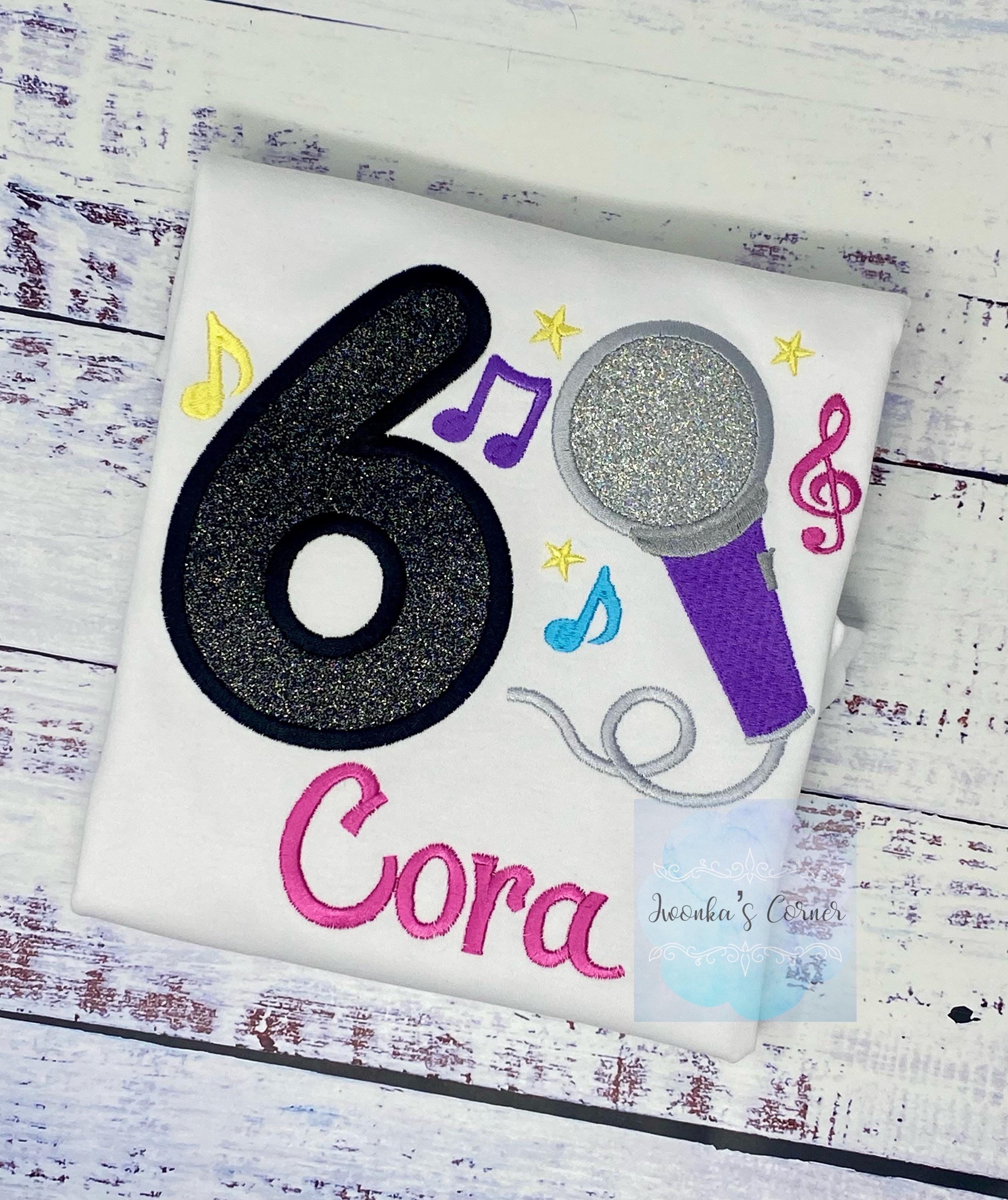 Girl 6th Birthday Microphone, Music notes and number Shirt, Girl Karaoke Singing Birthday Tee, Musical embroidery, Any age