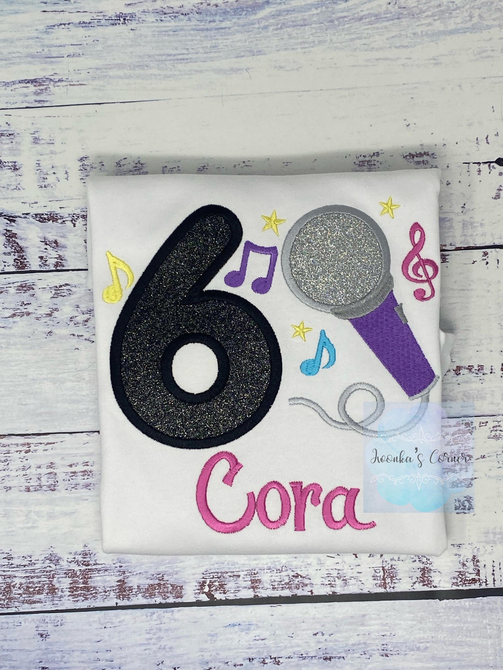 Girl 6th Birthday Microphone, Music notes and number Shirt, Girl Karaoke Singing Birthday Tee, Musical embroidery, Any age