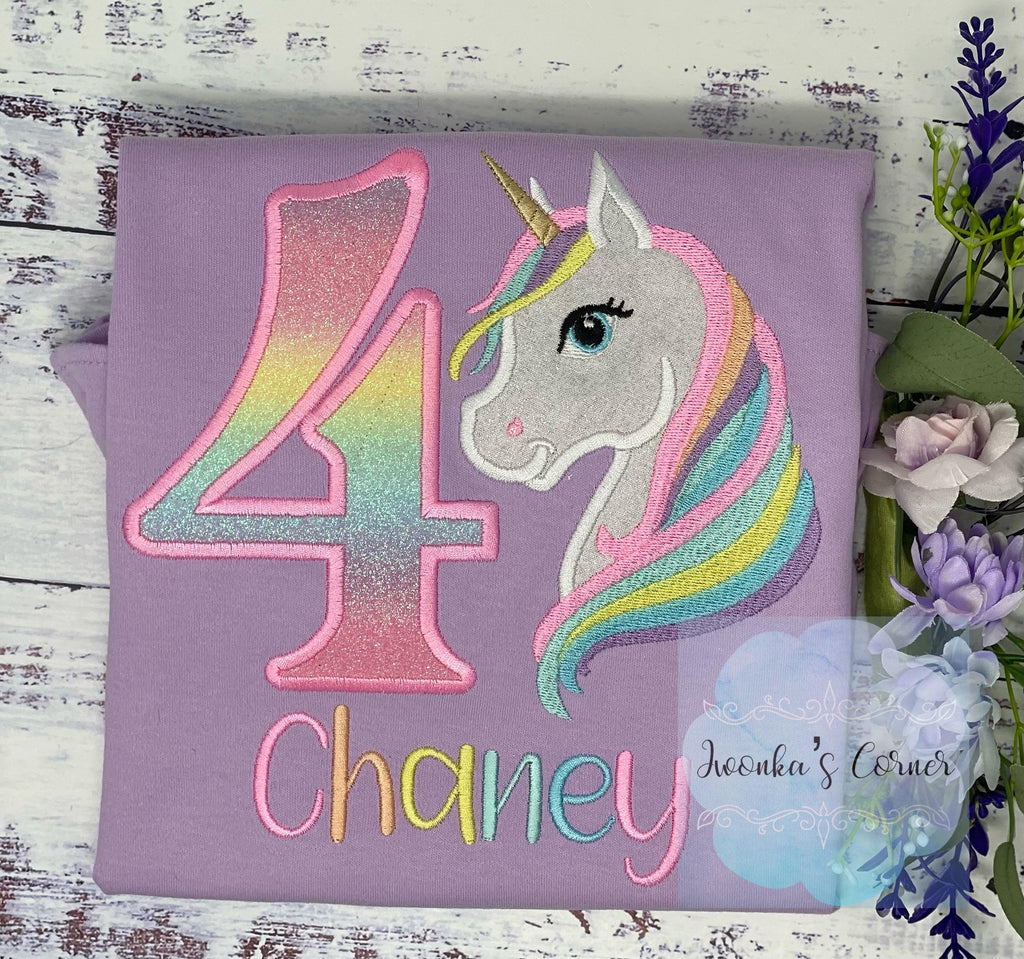 Girl 4th Birthday Pastel Unicorn and number Shirt, SHIPS NEXT DAY, Girl Rainbow Pastel Unicorn Birthday, Unicorn embroidery, Any age