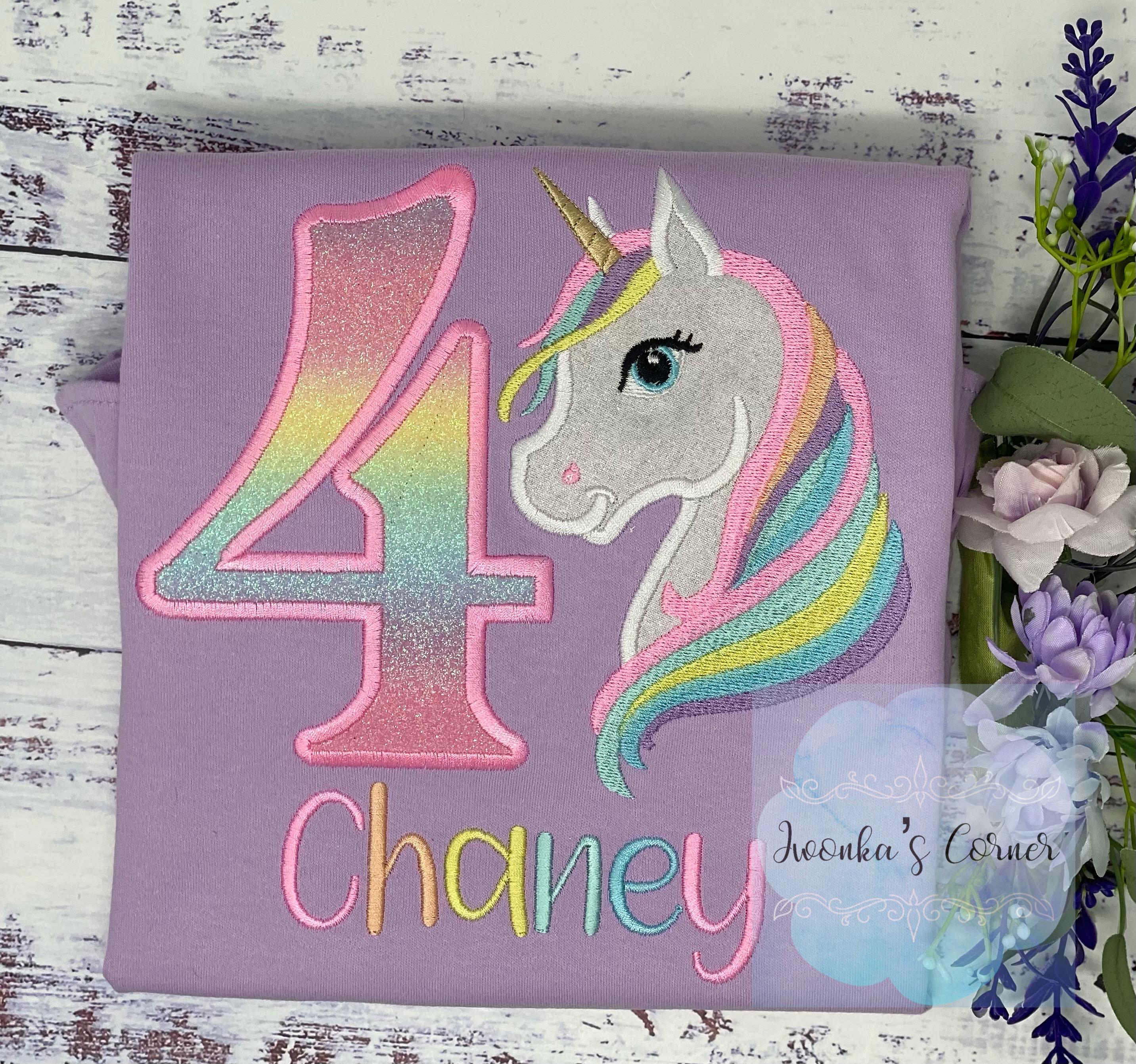 Girl 4th Birthday Pastel Unicorn and number Shirt, SHIPS NEXT DAY, Girl Rainbow Pastel Unicorn Birthday, Unicorn embroidery, Any age