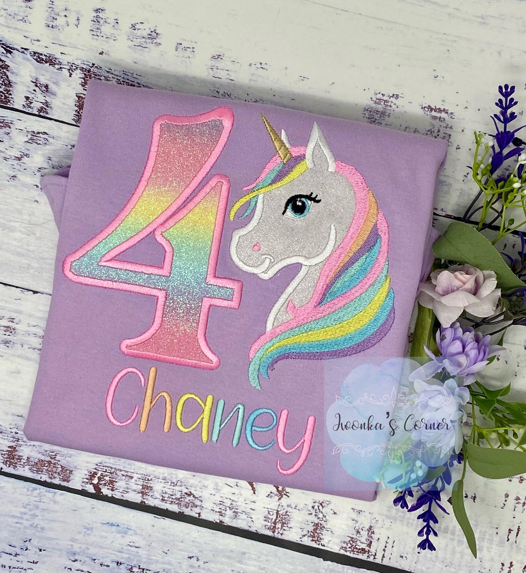 Girl 4th Birthday Pastel Unicorn and number Shirt, SHIPS NEXT DAY, Girl Rainbow Pastel Unicorn Birthday, Unicorn embroidery, Any age