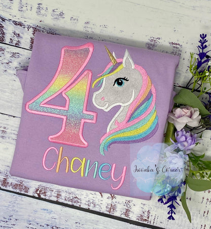 Girl 4th Birthday Pastel Unicorn and number Shirt, SHIPS NEXT DAY, Girl Rainbow Pastel Unicorn Birthday, Unicorn embroidery, Any age
