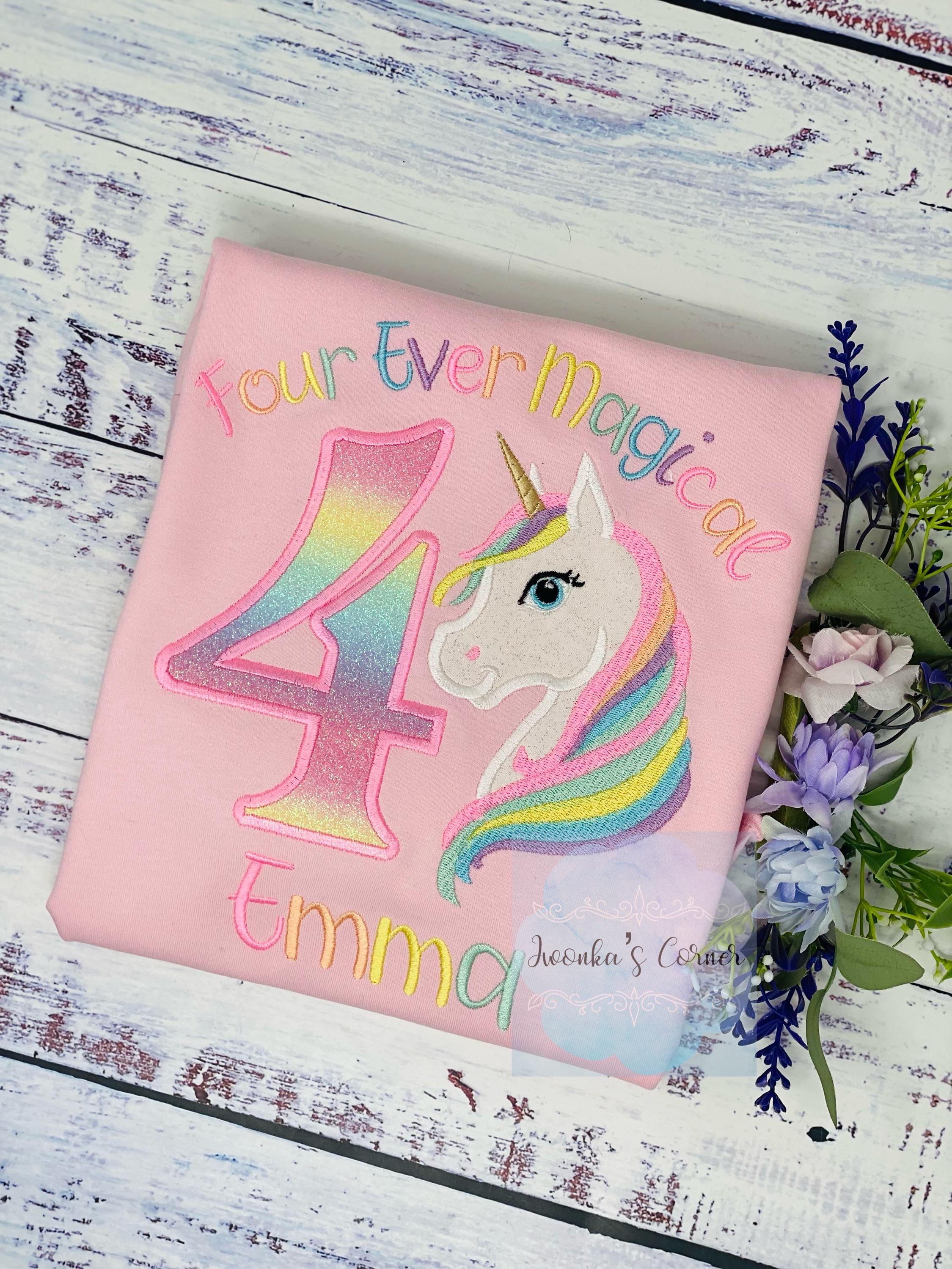 SHIPPING NEXT DAY, Girl 4th Birthday Pastel Unicorn and number Shirt, Girl Rainbow Pastel Unicorn Birthday, Rainbow Uni, Unicorn embroidery