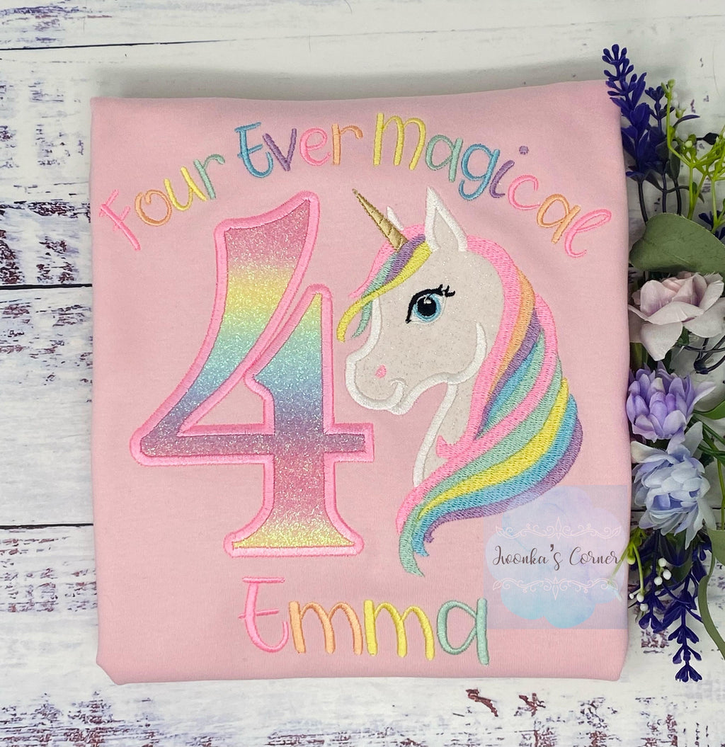 SHIPPING NEXT DAY, Girl 4th Birthday Pastel Unicorn and number Shirt, Girl Rainbow Pastel Unicorn Birthday, Rainbow Uni, Unicorn embroidery