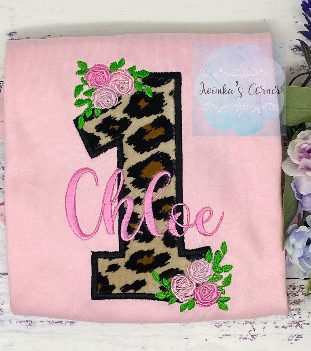 Girl 1st birthday shirt with cheetah print, Floral mini Roses embroidery tee, Personalized applique shirt, Any age
