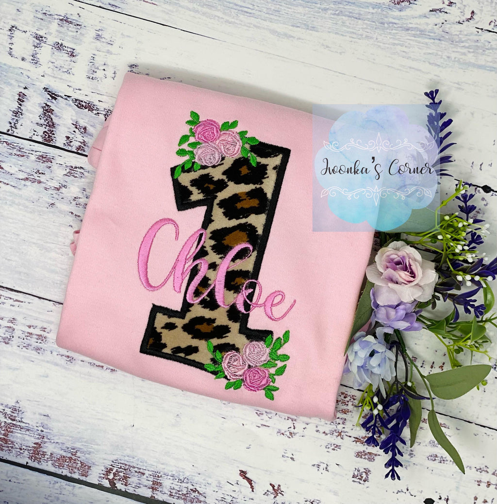 Girl 1st birthday shirt with cheetah print, Floral mini Roses embroidery tee, Personalized applique shirt, Any age