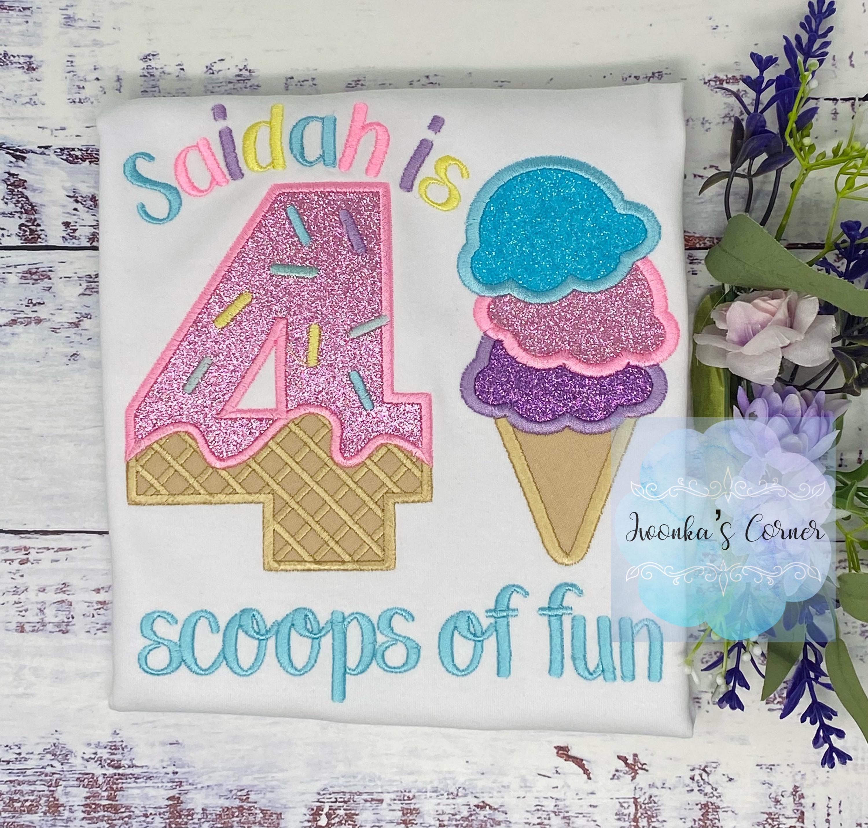 Girl Ice Cream 4 “Scoop of fun” birthday shirt, Sweet Ice Cream cone Theme Party, Pastel sweet birthday tee